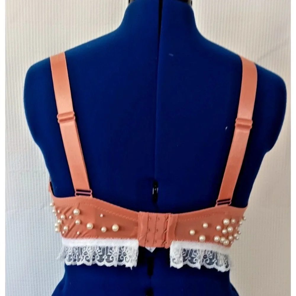 Sofra faux pearl lace beaded Adjustable Straps underwired‎ Peach Bra size 40DD